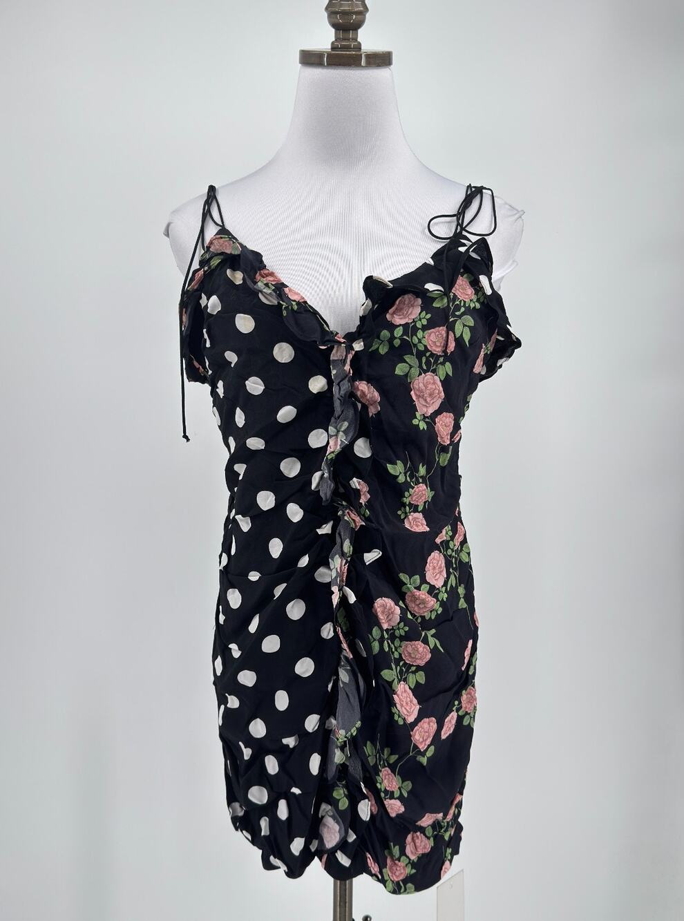 For Love & Lemons Mochi Noir Roses Black Floral Dots Shirred Mini Dress Sz L NEW